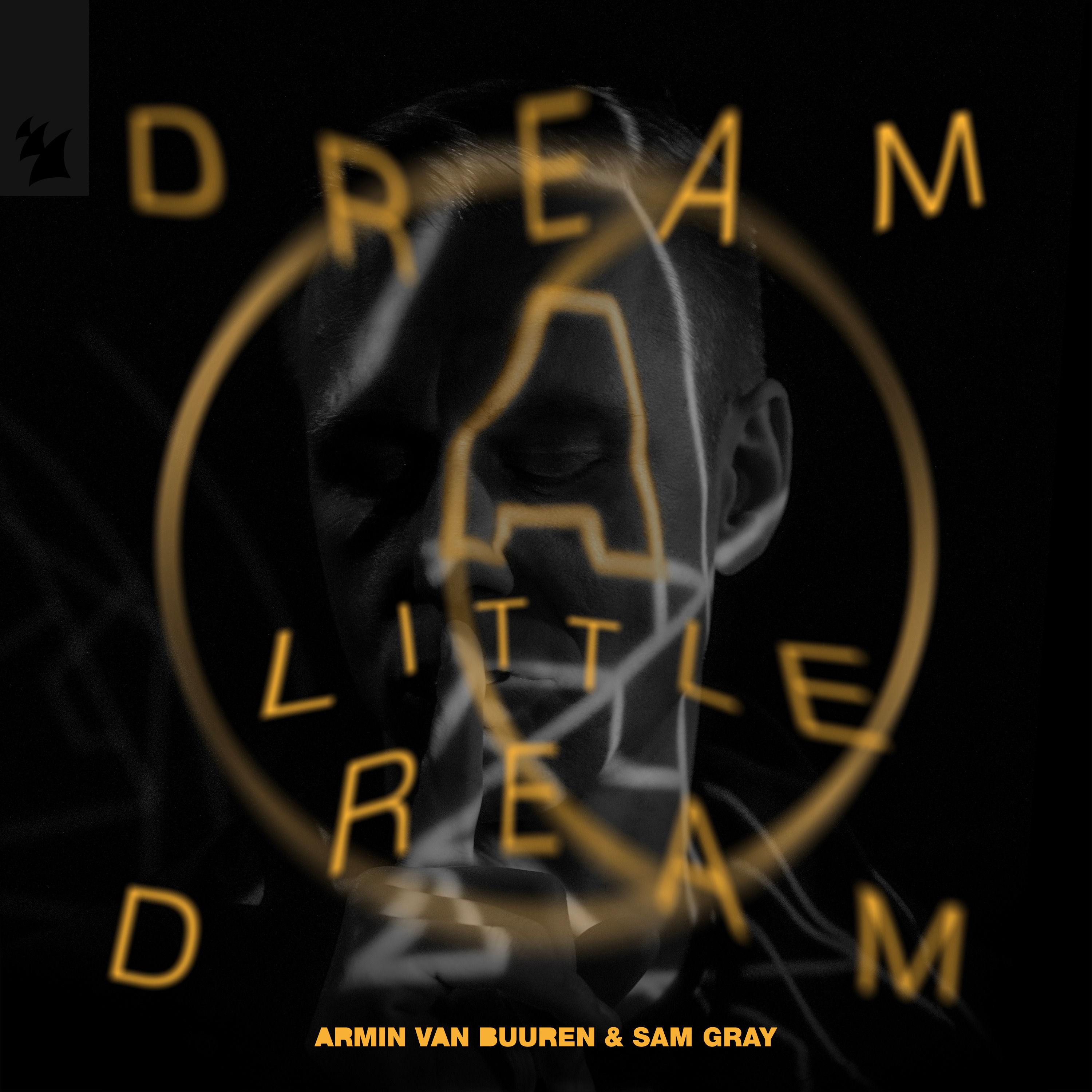 Album cover with a blurred photo of the DJ in the background, while the name of the song appears slightly distorted in the foreground