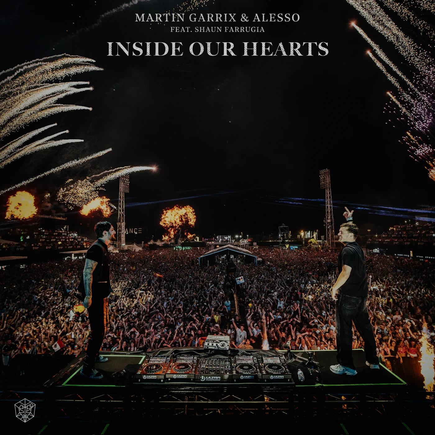 Album cover featuring two DJs standing by the console, with a crowd singing and fireworks in the background. At the top, the name of the song and the artists